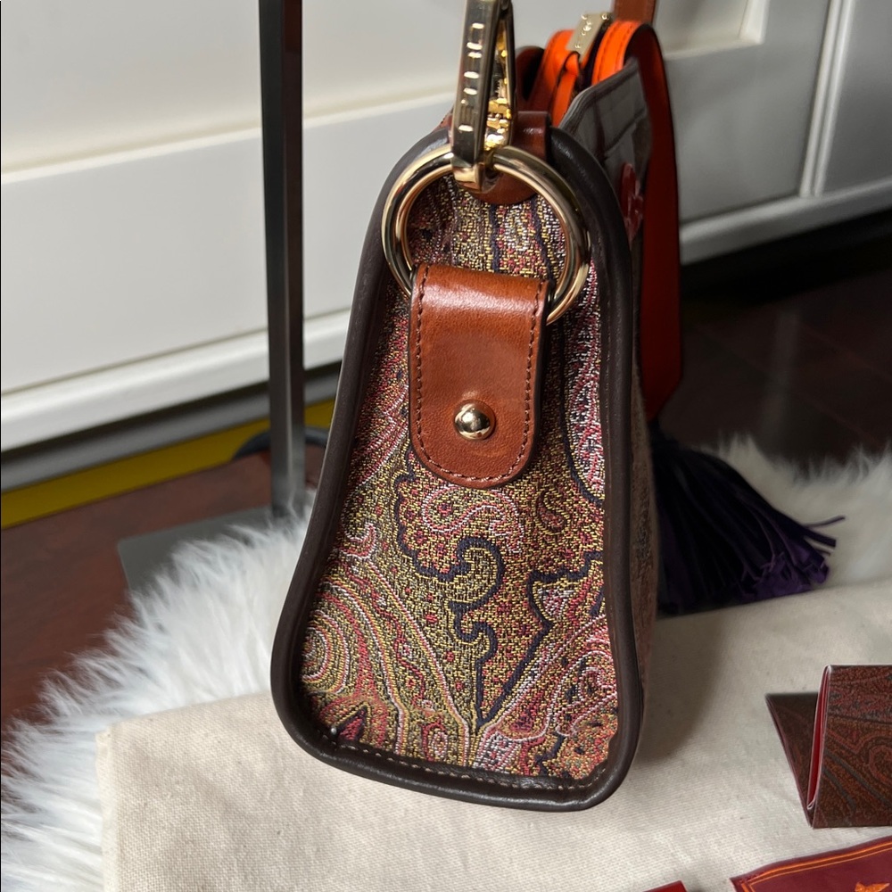 ETRO Brown Paisley Crossbody Bag with Orange Trim, Purple Tassel Like New - Picture 9 of 17